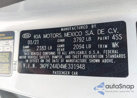 2021 Kia Forte Lxs from USA, damaged, VIN 3KPF24AD4ME331948